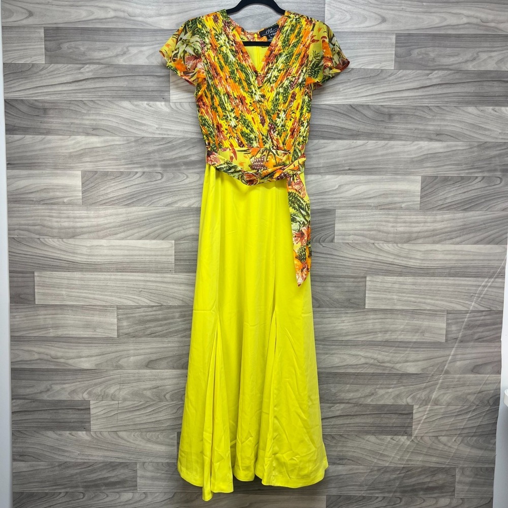 Midnight Velvet Maxi Dress Women's 8 Yellow Floral Surplice Neck Back Zip Fun